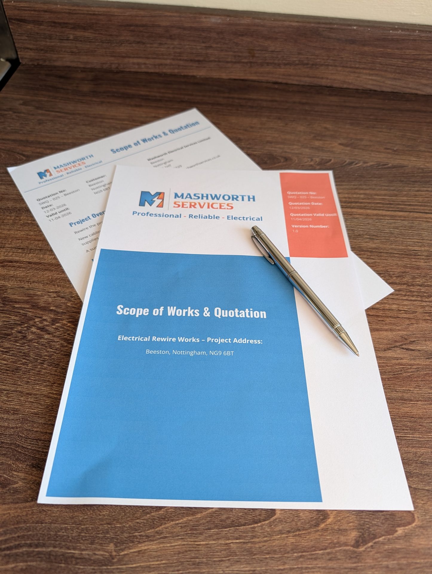 Mashworth Services scope of works and quotation document for an electrical rewire in Nottingham